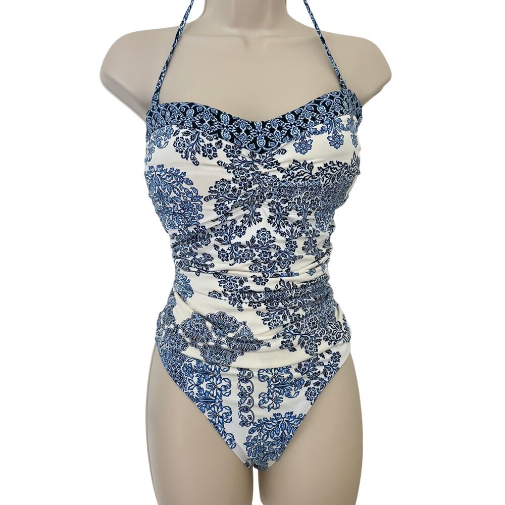Tommy Bahama Blue Woodblock One Piece Boho Print Swimsuit Beach Surf 16